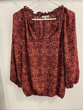 Max Studio Fall Burgundy Paisley Peasant Top